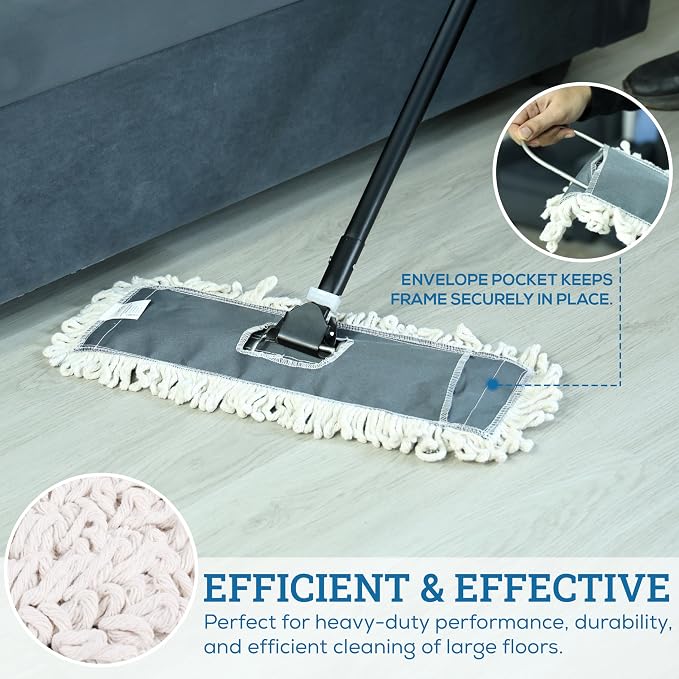 Kleen Handler 18" Commercial Dust Mop Replacement Heads, 3 Pack Industrial Loop End Flat Dust Mop Pads, Washable Cotton Mop Refill for Floor Cleaning, Natural