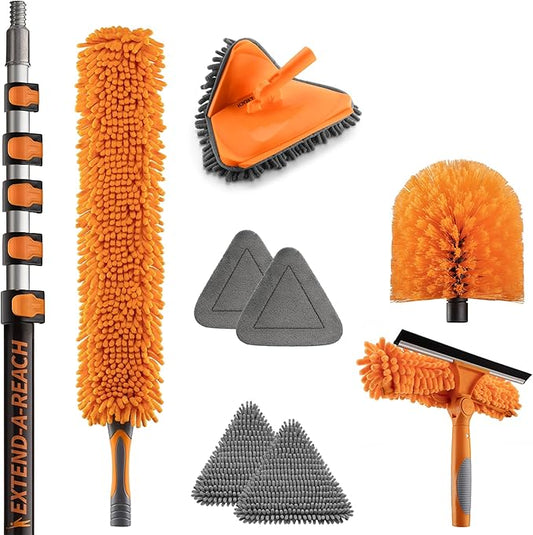 30 Foot High Reach Duster Kit with 5-24 ft Extension Pole // High Ceiling Dusting and Window Cleaning Kit with Telescopic Pole // Baseboard and Wall Washer Mop, Squeegee, Fan Blade & Cobweb Dusters