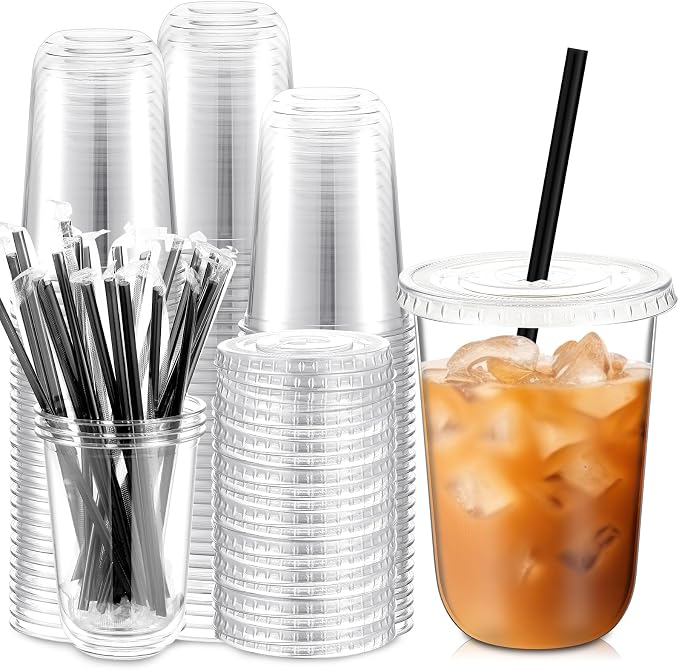 Ziliny 100 Set Clear Plastic Cups with Lids and Straws, Disposable Iced Coffee PET Cups for Drinking Cold Beverage Juice Parfait Smoothie Milkshake Coffee Shops Party Supplies (16 oz)
