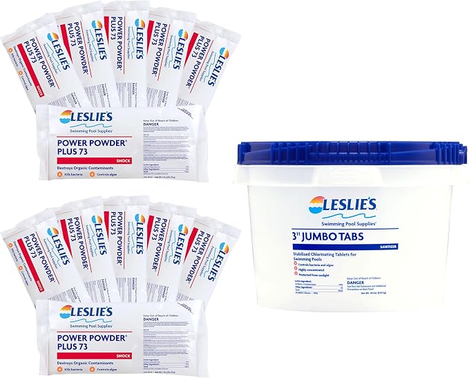 Leslie's Shock and Chlorine Bundle for Sanitizing Swimming Pools – Includes 12 x 1 Pound Bags of 73% Cal-Hypo Pool Shock and 20 Pound Bucket of 3 Inch Stabilized Chlorine Tablets