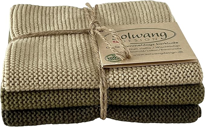 Solwang 3-Piece Danish Cotton Dishcloths in 100% Certified Organic Cotton Made in India (Olive Organic Combi)
