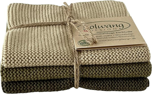 Solwang 3-Piece Danish Cotton Dishcloths in 100% Certified Organic Cotton Made in India (Olive Organic Combi)
