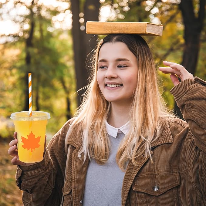Whaline 50 Pcs 12 Oz Fall Maple Leaf Plastic Cups with Lids and Straws Autumn Classic Maple Cup Clear Orange Leaves Cold Beverage Drinking Cups for Fall Theme Harvest Thanksgiving Party Supplies