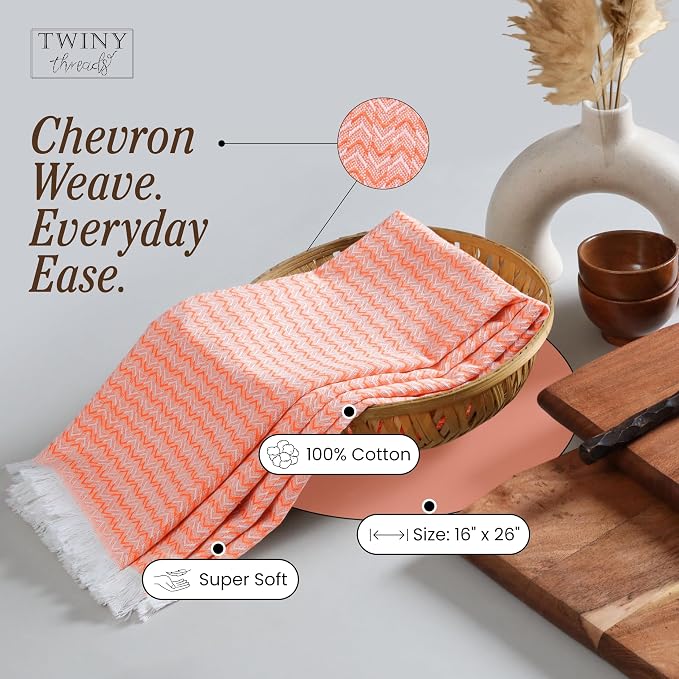 TWINY threads Kitchen Dish Towel Chevron Design, Premium Large 100% Cotton Kitchen Linen Set, Dish Rags for Drying Dishes, Absorbent Quick Drying Wash Rags, Pack of 12, 16 x 26 Inch, Orange