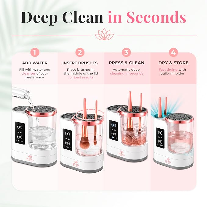 BRISEL 3-in-1 Makeup Brush Cleaner Machine & Dryer Electric Automatic Washer, Deep Clean & Dry in Minutes, USB Powered with LED, Fits All Brush Sizes, White & Rose Gold