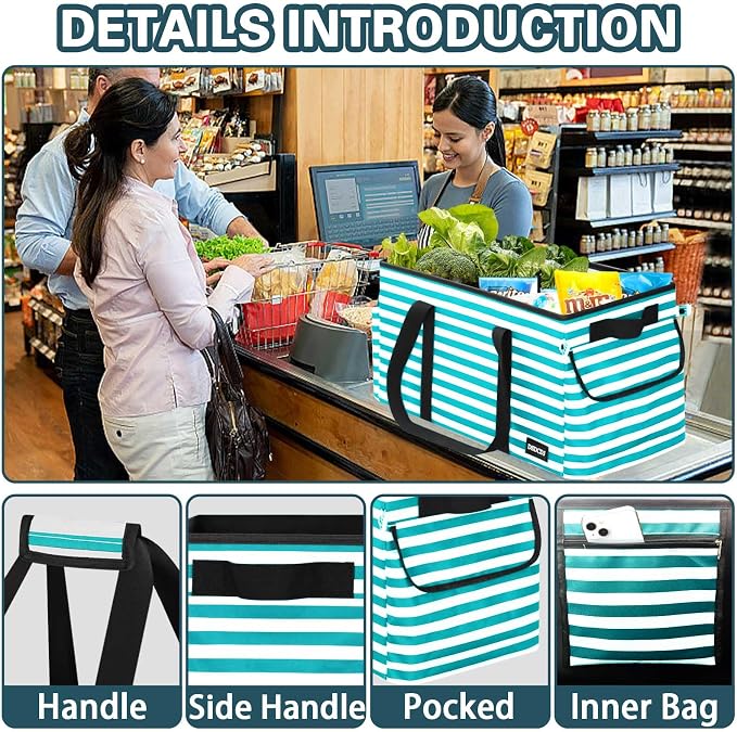 Standing Extra Large Utility Tote Bag with Hard Bottom & Hard Sides, Heavy Duty Reusable Grocery Bags with Handles & 3 Pockets for Shopping, Picnics, Camping, Laundry, Car, Beach Tote Bag
