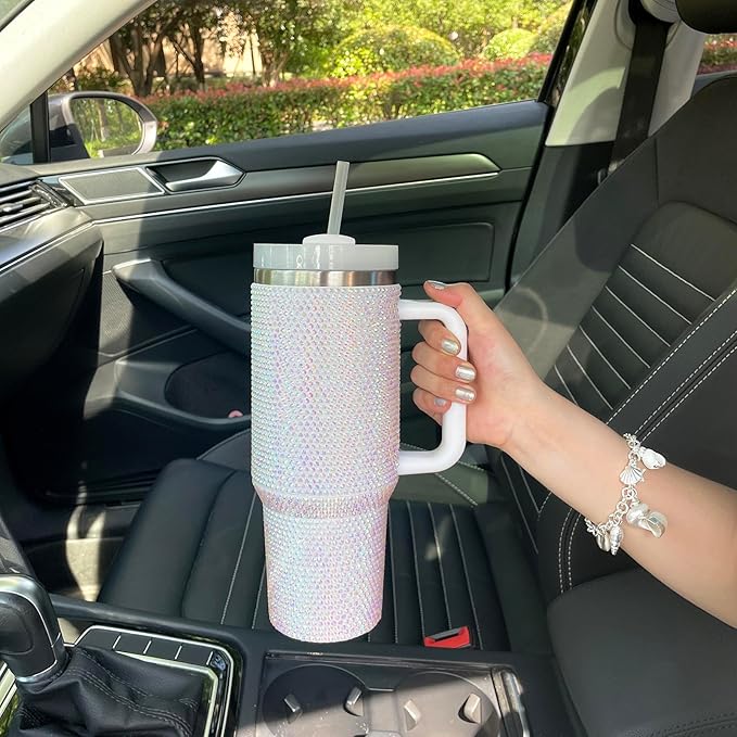 40oz Bling Tumbler with Handle and Straw Lid Rhinestone Studded Tumbler Cups Vacuum Insulated Stainless Steel Double Wall Water Bottle Travel Mug Gifts for Women Her (Pearl White)