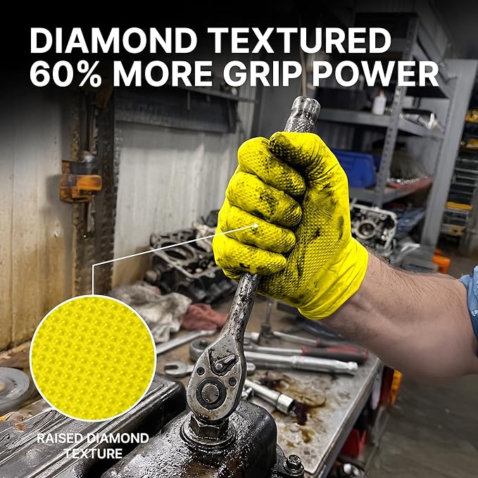 TitanFlex Heavy Duty Industrial Nitrile Gloves with Raised Diamond Texture, 6-mil, Latex Free (Yellow)