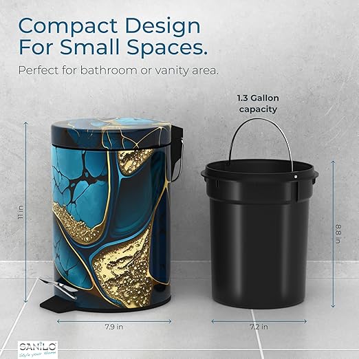 Sanilo Small Bathroom Trash Can with Lid [1.3 Gallon] - Lidded Tiny Trashcan for Garbage - Mini Metal Bin with Soft Closing Mechanism - Bath Room Accessoire Wastebin with Inner Bucket (Marble Cobalt)