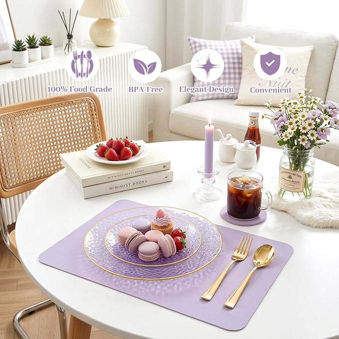 DaYammi 240Pcs Purple Plastic Plates Including 120Pcs Purple Dessert Plates and 120Pcs Gold Cake Forks,Hammered Appetizer plates Heavy duty Disposable Plastic Plate for Party Wedding Birthday