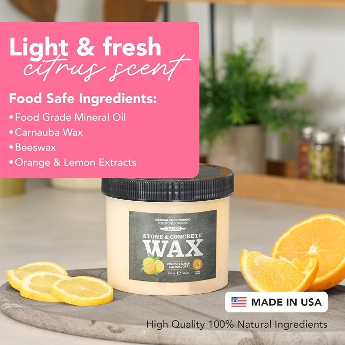 CLARK’S Natural Stone Wax - Seal and Protect Soapstone, Slate and Concrete with Carnauba and Beeswax - Use on Kitchen and Bath Countertops - Enriched with Lemon and Orange Extract, Large 32oz