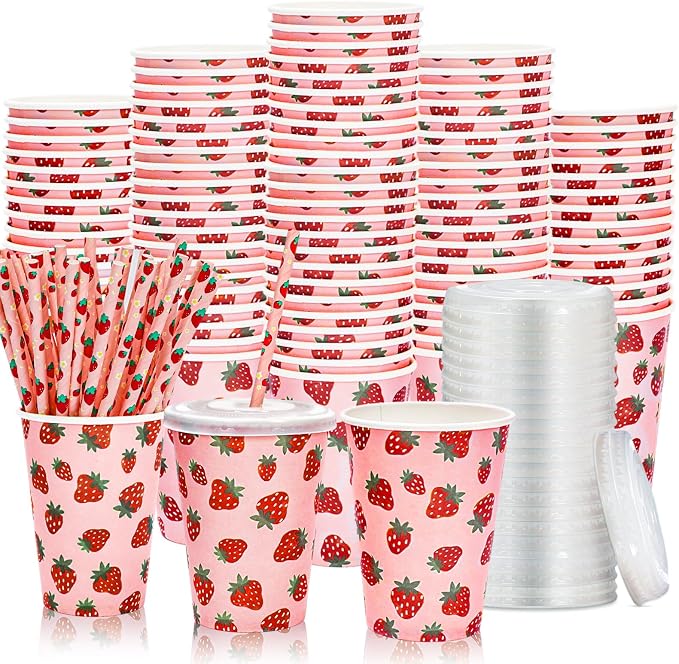 50 Sets Strawberry Paper Cups with Paper Straws Plastic Lids 12OZ Summer Fruits Disposable Coffee Tea Cups for Girls Fruit Birthday Party Juice Drink Beverage Bar Supplies