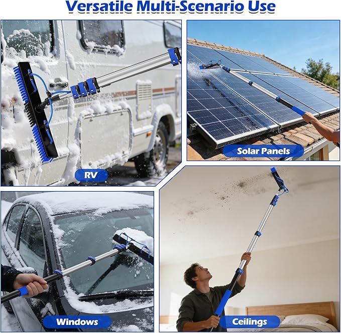 26Ft Reach Solar Panel Cleaning Brush Kit with 5-20ft Telescoping Pole - Telescopic Extension Pole with Dual Action Flip-Lock & Screw Fixing Design, Ideal for Snow Removal, Windows, Boats, RVs, Decks