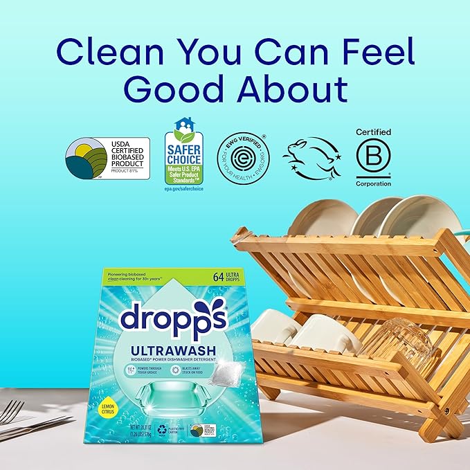 Dropps UltraWash Dishwasher Detergent Pods, Lemon Citrus (64 Ct) - Cuts Grease & Stuck-On Food | Sparkling Dishes & Glasses | Residue-Free | Clean Ingredients | No Pre-Rinse | Plastic Free Packaging