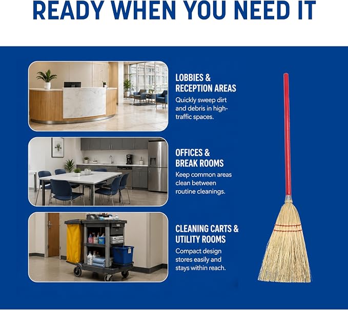 Flo-Pac Compact Corn Fiber Utility Broom with Wire-Wrapped Bristles and Red Handle, 33 Inches, Red (Pack of 3)