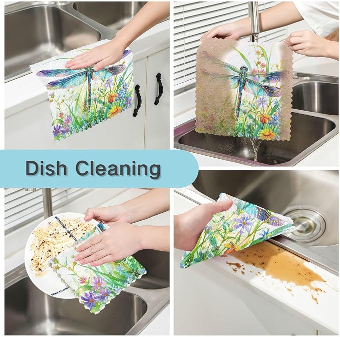 senya Kitchen Dishcloths, Dragonfly Spring Wildflowers Cloth Dish Towels 6 Pack Super Absorbent Dishtowels Reusable Cleaning Cloths