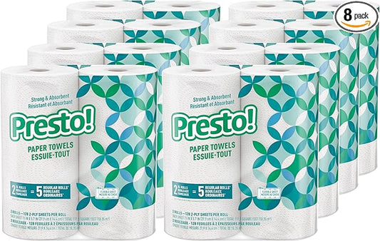 Amazon Brand - Presto! Flex-a-Size Kitchen Paper Towels, Strong and Absorbent, 128 Sheet Family Roll, 16 Rolls (8 Packs of 2)