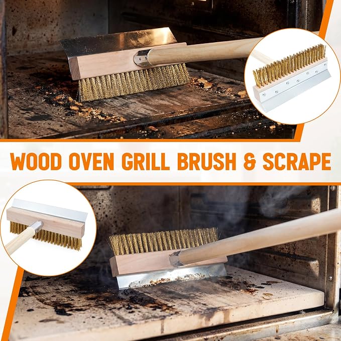 Reallnaive 2 Pack 63 Inch Wood Handle Pizza Oven Brush with Scraper Outdoor Pizza Oven Cleaning Brush Tool, Aluminum Threaded Tip, Brass Bristles with Steel Scraper
