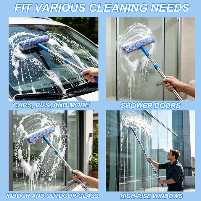 Professional Window Cleaning Kit with 76" Telescopic Pole, Bucket 3 Gallon,2PCS 15" Scrubbers, 2PCS 14" Squeegee, Scraper, Cloth & Sprayer, Window Cleaner Tool for Commercial, Home, Outdoor, Car