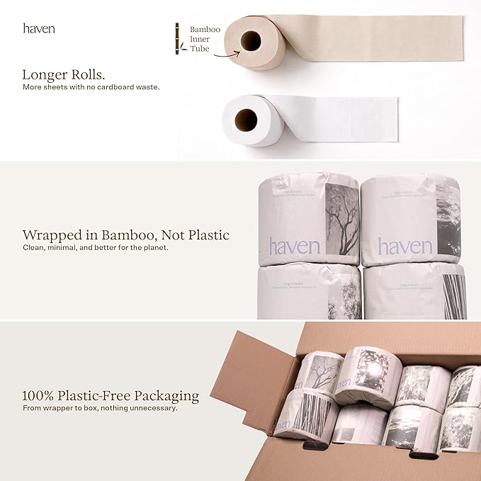 Haven Unbleached Bamboo Toilet Paper with Plastic Free Packaging, 3-Ply, 24 Rolls, 300 Sheets per Roll - FSC Certified, PFAS-Free, Tree Free Plant Based Toilet Paper, Non Toxic, Septic Safe, BPA-Free
