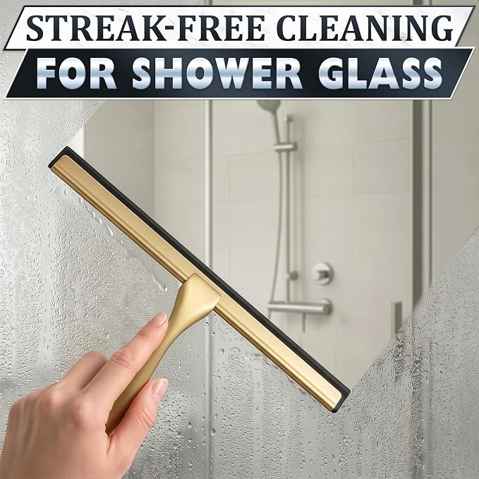 Shower Door Squeegee with Hook - 10" Silicone Blade, Stainless Steel Gold Squeegee for Shower Glass with Adhesive Mount - All-Purpose Bathroom Tile, Mirror, & Window Wiper for Streak-Free Cleaning
