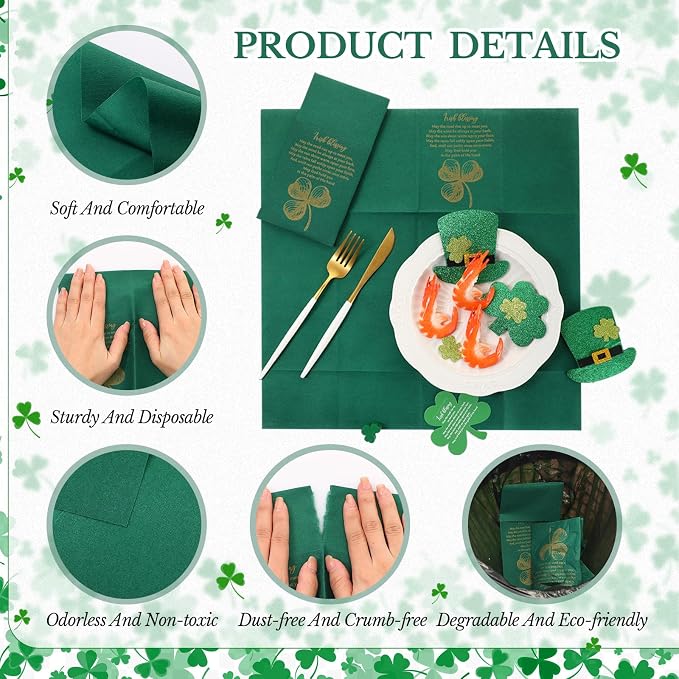 Tenceur 50 Pcs St. Patrick's Day Irish Blessing Paper Napkins 16x16'' Disposable Green Paper Napkins with Built in Flatware Pocket for Family Dinner Party Supplies Restaurants Daily Dinners