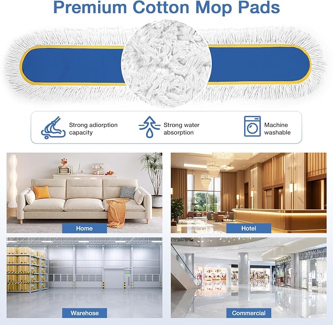 CLDREAM 48" Large Commercial Industrial Dust Mop for Floor Cleaning | 2 Washable Cotton Mops Pads/Wet Dry Floor Duster Broom for Hardwood Floors Marble Laminate Tile Concrete Garage/Blue