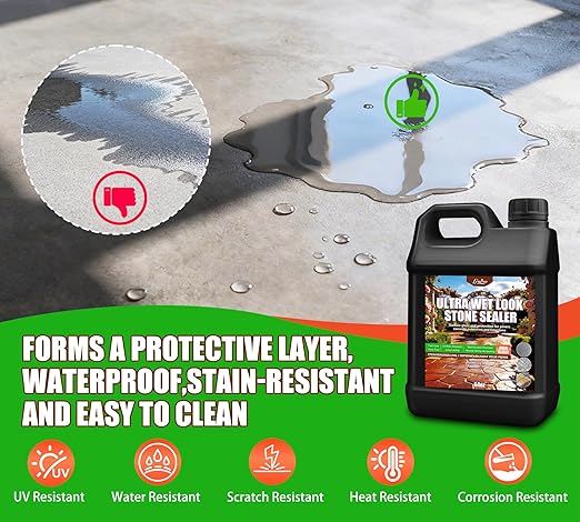 Wet Look Stone Sealer - 1 Gal Ultra Gloss Paver Sealer Stone Color Enhancer Concrete Sealer with Long-Lasting Gloss Protection, Stain Proof for Interior and Exterior Slate, Driveway, Floor, Standstone