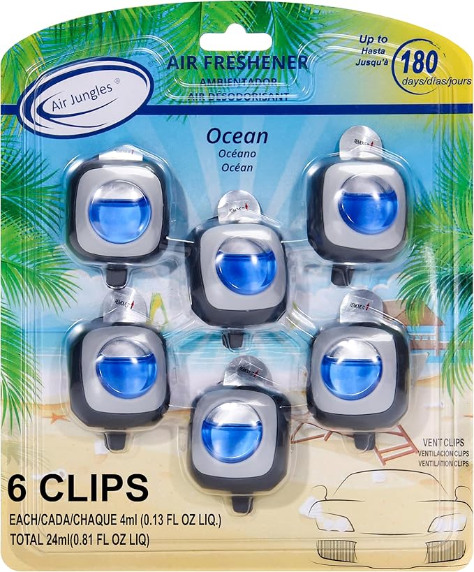 Air Jungles Home & Car Essentials Bundle – Ocean Scent Odor Eliminator Balls (6 Count), Car Vent Clips (6 Pack), and Flushable Wipes (6 Packs, 300 Wipes) – Air Freshener & Cleansing Set