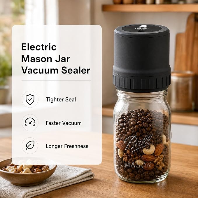 Mason Jar Vacuum Sealer Kit for Wide & Regular Mouth Jars, Black