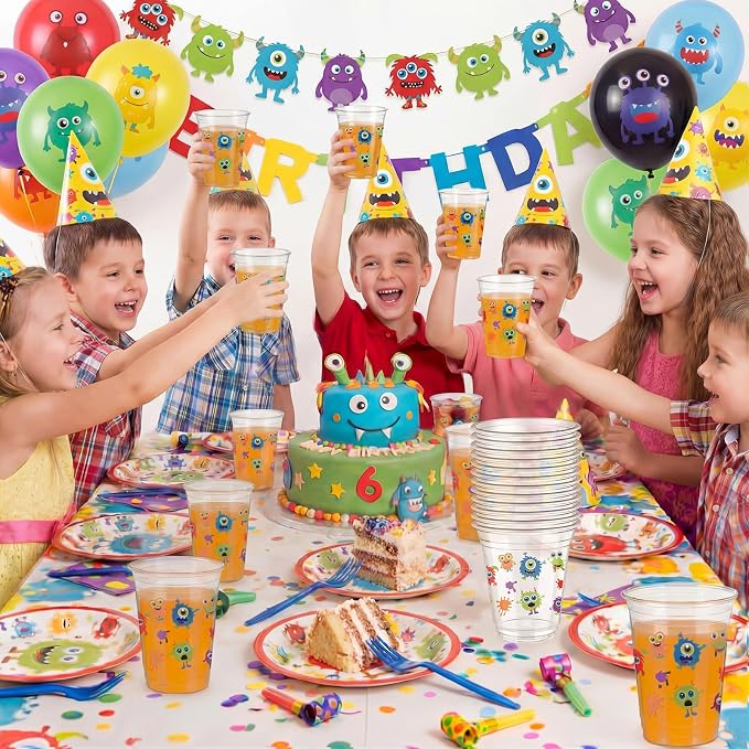 Uiifan 50 Pcs Monster Birthday Party Supplies Cute Cartoon Little Monster Party Decoration 12 oz Blue Purple Green Cups Disposable Plastic Cups for Coffee Juice Beverages Cocktail Birthday