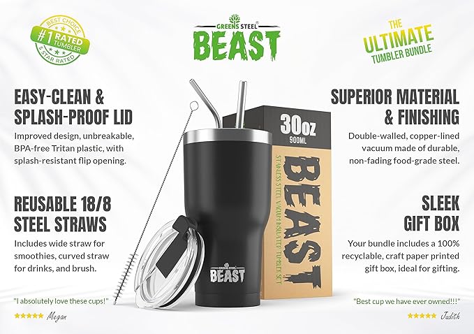 Beast 30 oz Tumbler Stainless Steel Vacuum Insulated Coffee Ice Cup Double Wall Travel Flask (Matte Black)
