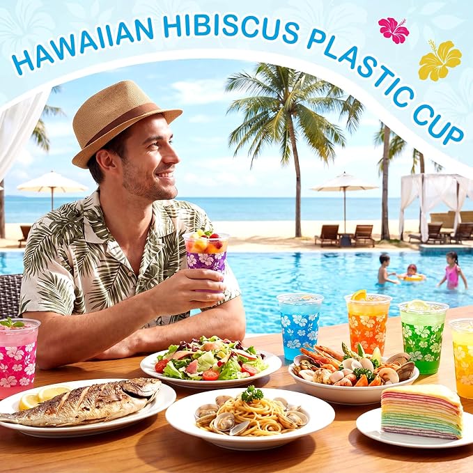 Tanlade 60 Pcs Hawaiian Luau Cups 12 oz Plastic Tropical Floral Cup Disposable Party Drinking Hawaii Hibiscus Beverage Drinkware for Summer Hawaiian Luau Tropical Pool Beach Birthday Party Supplies