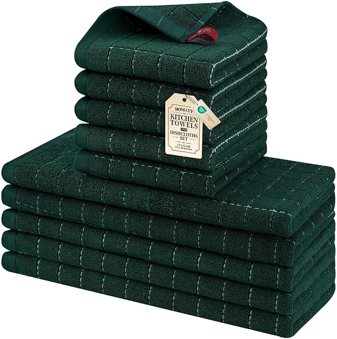 Homaxy Kitchen Towels and Dishcloths Set, 12 x 12 and 13 x 28 Inches, Set of 10 Bulk Cotton Terry Kitchen Towels Set, Checkered Designed, Soft and Super Absorbent Dish Towels, Blackish Green