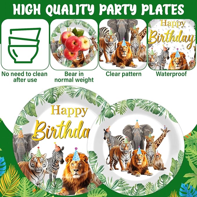 96Pcs Jungle Animals Plates and Napkins Safari Happy Birthday Party Decorations Zoo Party Dessert Plates Wild Animals Lion Tiger Theme Tableware for 24 Guests Men Woman Adults Birthday Supplies
