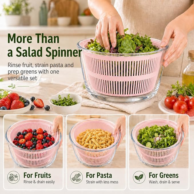 Glass Salad Spinner 3.2 Qt, Small Salad Spinner with Glass Bowl Removable Lid for Easy Cleaning Dishwasher Safe Glass Bowl Vegetable and Fruit Washer Dryer with Drain Spout Crank Handle Pink