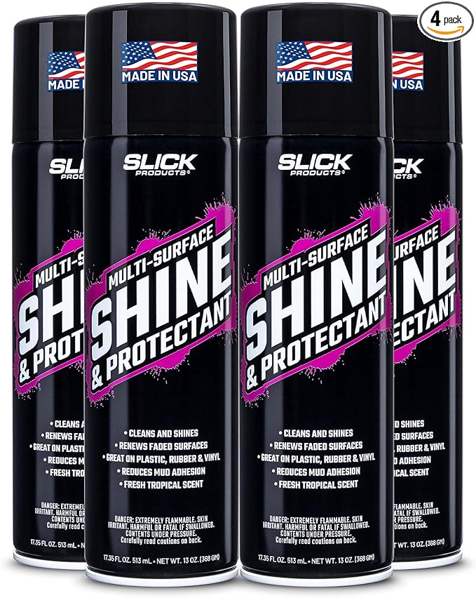 Slick Products Shine & Protectant Spray 17.35 FL OZ. - High Gloss Clear Coating Renew Vinyl, Plastic, Rubber, Trim, Tire, Car, Truck, Motorcycle, Dirt Bike (4-Pack)