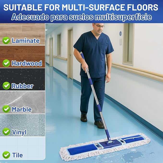 36" Commercial Dust Mop: Dry Dust Broom for Hardwood Floors Cleaning - 2 Mop Pads 59" Long Handle Heavy Duty Frame - Industrial Professional Cleaning Supplies for Hotel Warehouse School Janitor