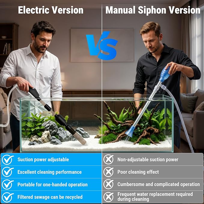 Electric Aquarium Vacuum Gravel Cleaner for 10-100 Gal, 6 in 1 Automatic Fish Tank Cleaning Tool with Adjustable Flow Handle & Sock Filter, Gravel Vacuum For Aquarium DC-24V Strong Suction Quiet Pump | One handed sand washing | Internal circulation fil...