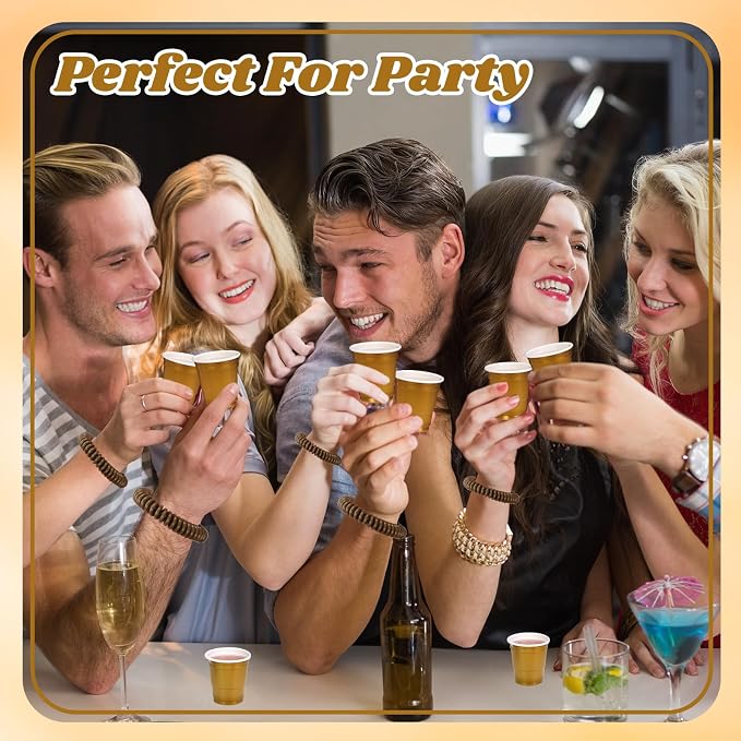30 Pcs Gold Shot Cups with Wristband for Party 2oz Plastic Shot Glasses Disposable Mini Shot Glasses Bulk with Wrist Coil 2oz Solo Cups for Festival Birthday Favor Wedding Halloween Party Supplies