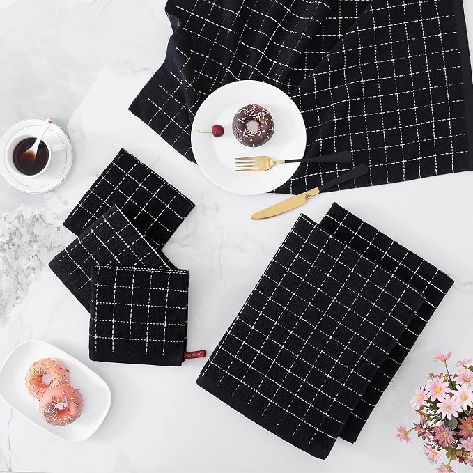 Homaxy Kitchen Towels and Dishcloths Set, 12 x 12 and 20 x 28 Inches, Set of 8 Bulk Cotton Terry Kitchen Towels Set, Checkered Designed, Soft and Super Absorbent Dish Towels, Black