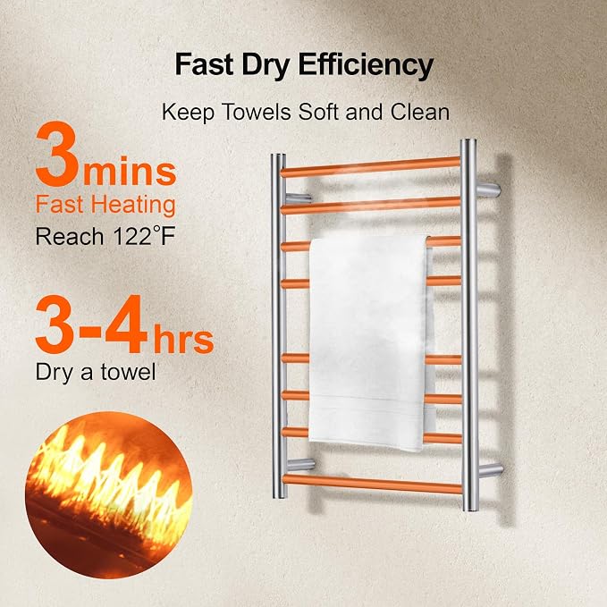 Electric Heated Towel Warmer - Wall Mounted Bathroom Towel Rack, Plug-in Design & Brushed Stainless Steel Finish 8 Bar (Polished)