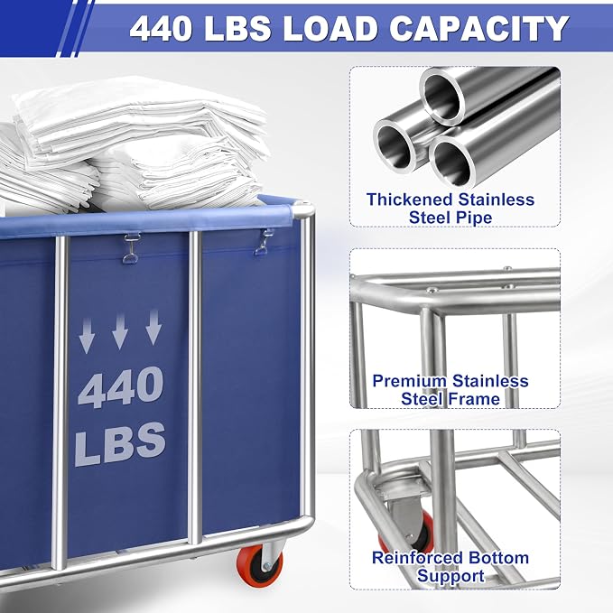 420L Commercial Rolling Laundry Cart with Wheels, 440 Lbs Heavy Duty Stainless Steel Frame Hamper, Extra Large Laundry Basket with Removable Waterproof Liner Bag for Hotel, Hospital & Dorm, Blue