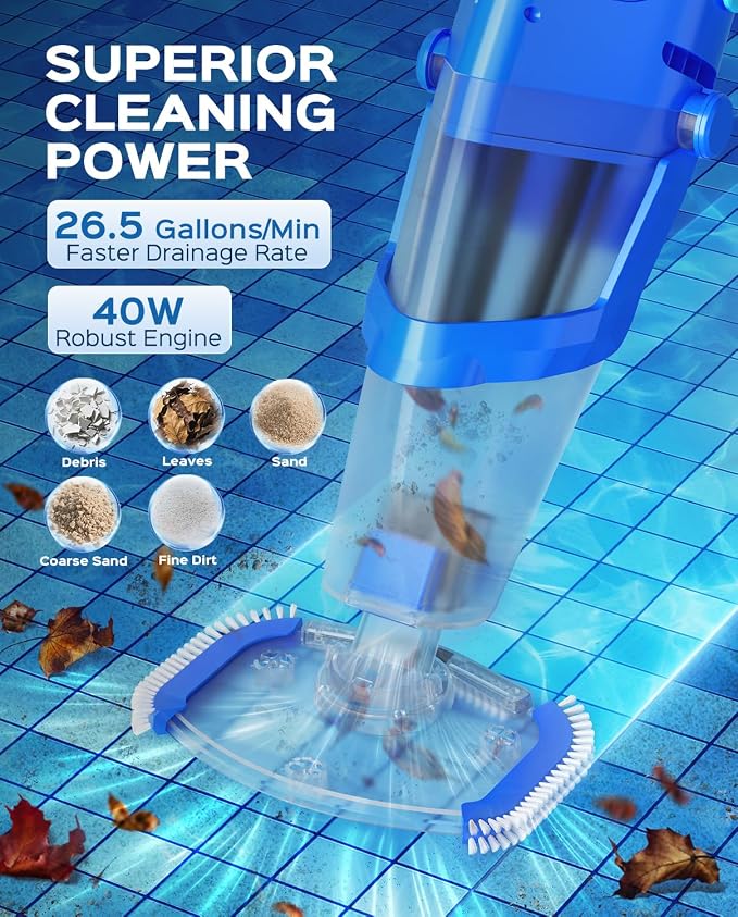 Cordless Handheld Pool Vacuum Cleaner with Telescopic Pole, 26.5 GPM Powerful Suction, Longer 1H Runtime, Portable Pool Vacuums for Above Ground/Inground Pools, Hot Tubs, Spas, Blue