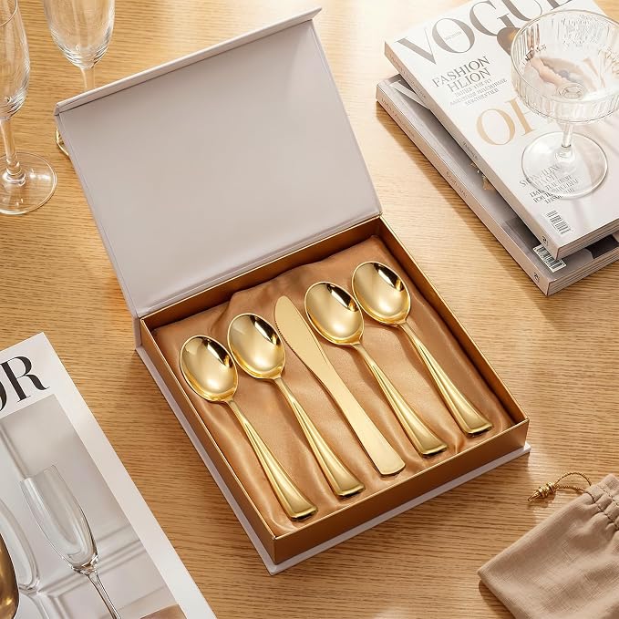 Liacere 200 Pack Gold Plastic Spoons - 6.7 inch Heavy Duty Plastic Spoons - Heavyweight Gold Disposable Spoons for Parties & Weddings & Restaurants & Christmas & New Year