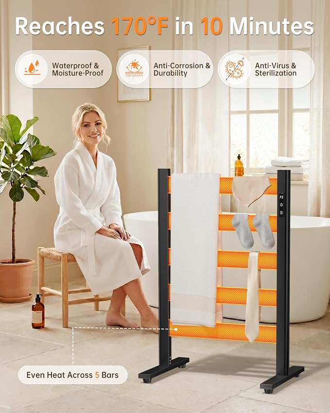 Freestanding Towel Warmer – 5-Bar Heated Towel Rack with Timer & Adjustable Temperature, Space Aluminum, Rust-Resistant, Fast Heating in About 10 Minutes for Bathroom & Spa,Matte Black