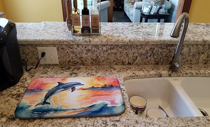 Caroline's Treasures Dolphin Leaping at Sunrise Dish Drying Mat Absorbent Dish Drying Mat Pad for Kitchen Counter Dish Drainer Mat for Countertop, 14 x 21", Multicolor