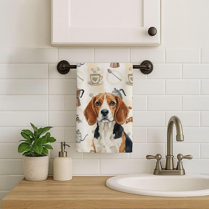 Caroline's Treasures Beagle Coffee Bar Kitchen Towel Velour Plush Front and Cotton Loop Back Machine Washable