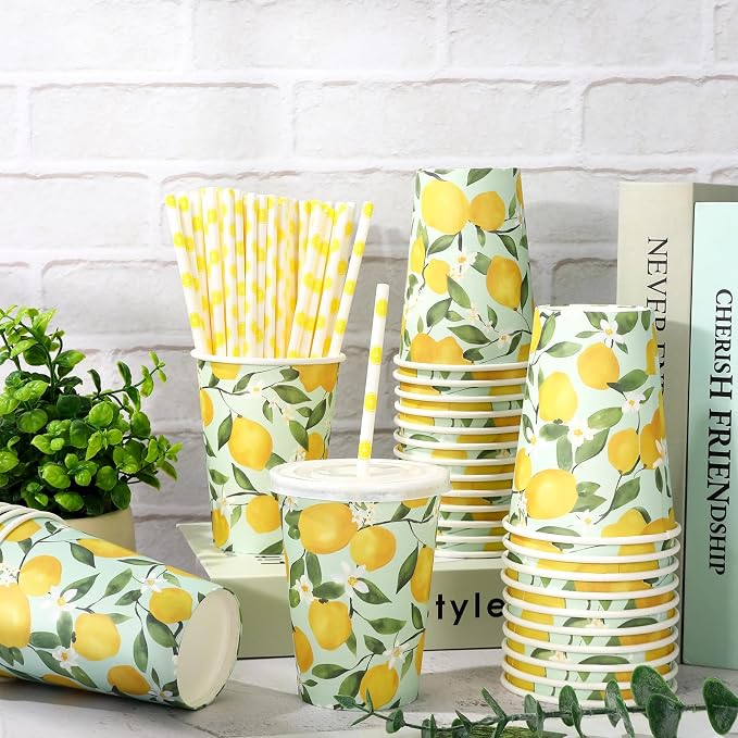 50 Sets Lemon Paper Cups with Paper Straws Plastic Lids 12OZ Yellow Lemon Green Leaves Disposable Coffee Tea Cups for Summer Holiday Fruit Party Juice Drink Beverage Bar Supplies