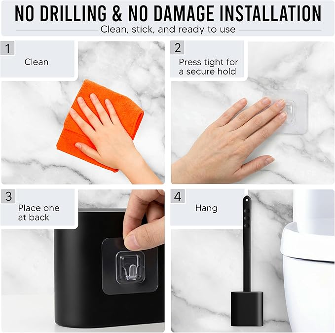 Modern Minimalist Silicone BlackToilet Brush and Holder Set – Pack of 1 Wall Mounted Toilet Bowl Brush – Long Non-Slip Handle, Flexible Bristles for Self-Cleaning & Splash-Free, Easy-Rinse Design